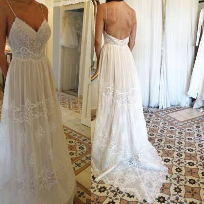 Straps Ivory Lace Boho Wedding Dress Prom Dress
