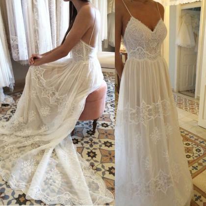 Straps Ivory Lace Boho Wedding Dress Prom Dress