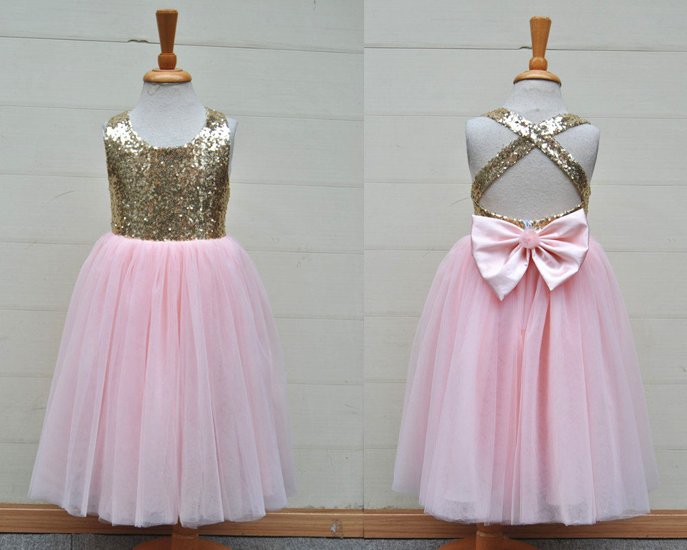 gold and pink flower girl dress