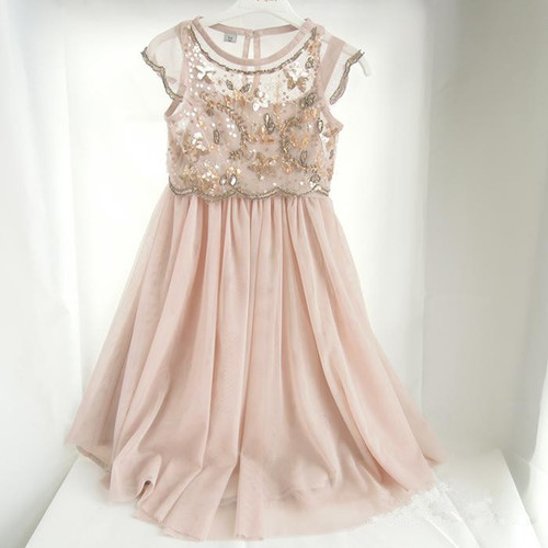 Pink Illusion Beaded Chiffon Long Flower Girl Dress With Cap Sleeves