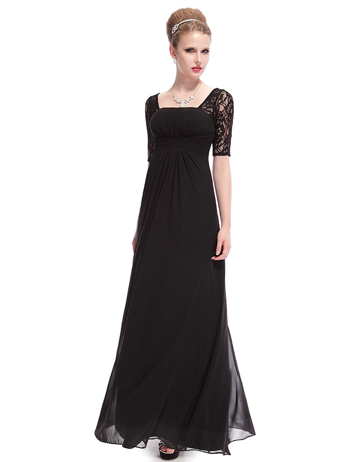 Elegant Half Sleeve Black Long Chiffon Mother Of The Bride Dress