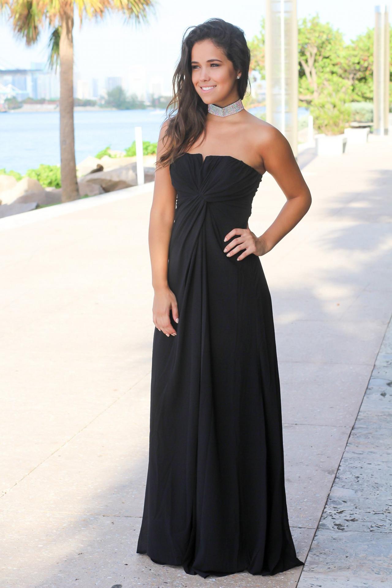 Black Ruched Strapless Straight Across Floor Length A-line Formal Dress, Prom Dress, Bridesmaid Dress