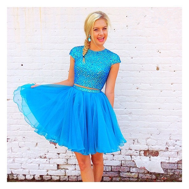 Two Piece Homecoming Dress, Beads Blue Homecoming Dress, Open Back ...
