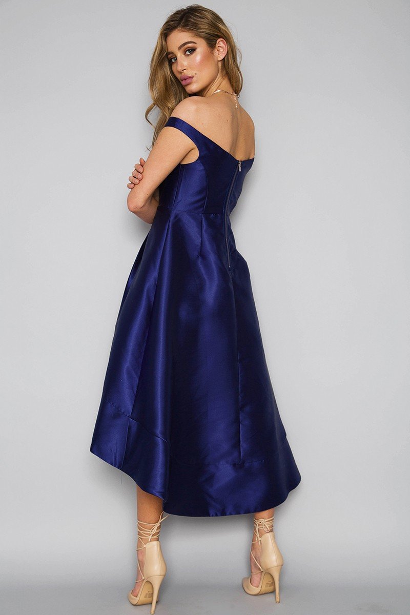 Off The Shoulder High Low Navy Blue Bridesmaid Dress With Pockets on Luulla